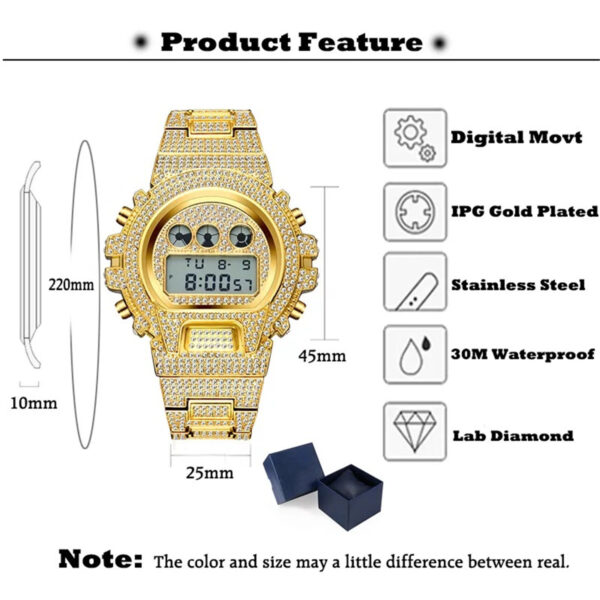 45mm iced out cz diamond led digital watch | fashion hip hop jewelry for men