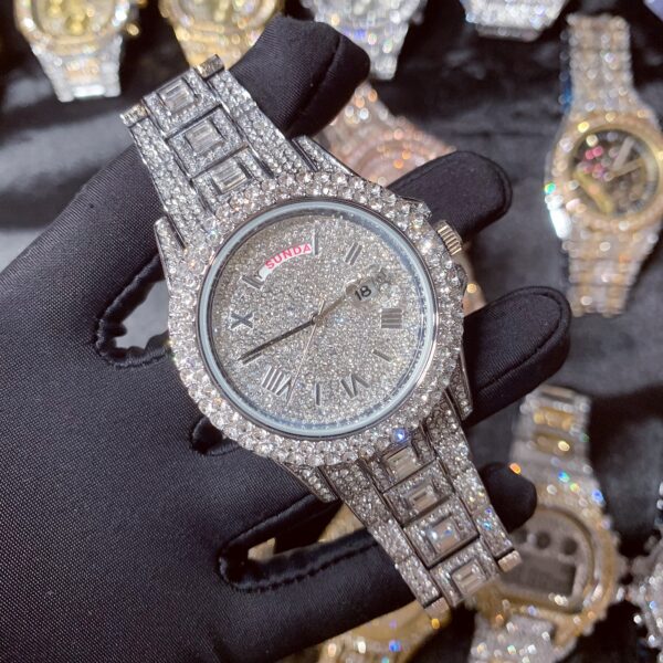 43mm double calendar iced out quartz watch | men's iced out bling zirconia wrist watch