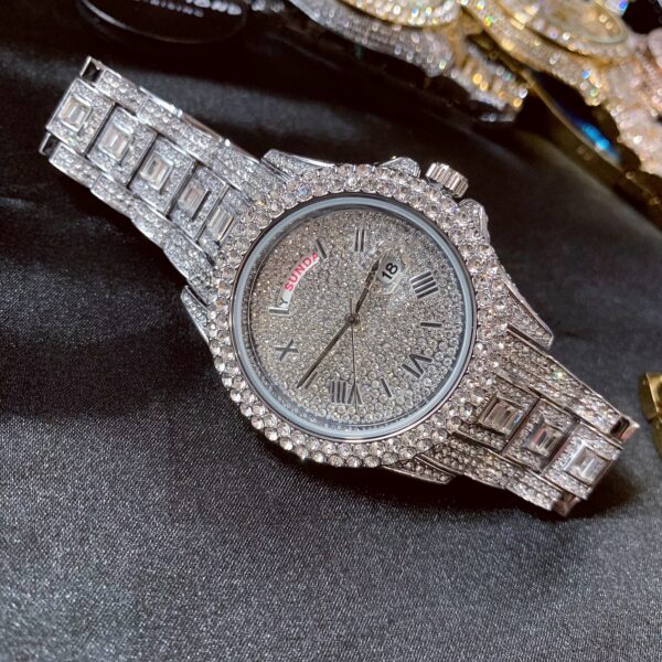 43mm double calendar iced out quartz watch | men's iced out bling zirconia wrist watch