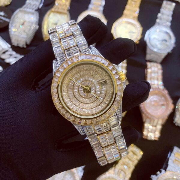 42mm iced out baguette cz diamonds calendar wrist watch