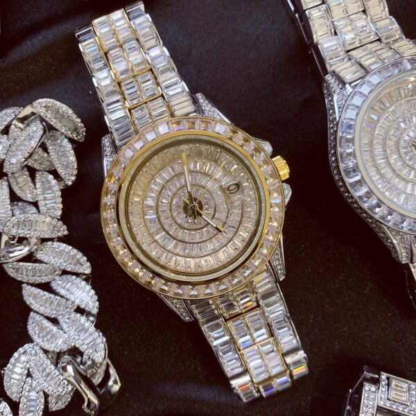 42mm iced out baguette cz diamonds calendar wrist watch